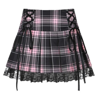 Lace Up Goth Y2K Pink Stripe Plaid Lace Trim Pleated Skirt EG282 - Egirldoll