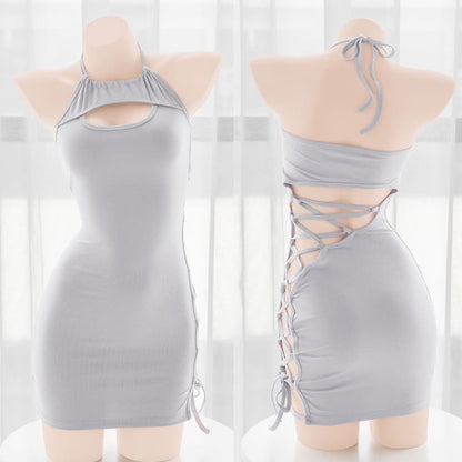 Lace up Side Hollow Out Gray Dress Lingerie SetO N90 - Egirldoll