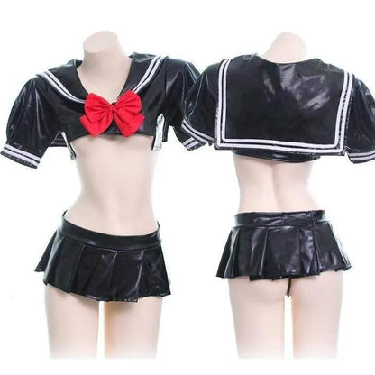 Leather Balck Bow School Uniform Lingerie EG14775 - Egirldoll