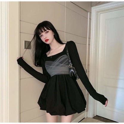 Long Sleeve Square Collar A-line Mini Dresses+Bow Mesk Bandage Sling Vest SP15641 - Egirldoll