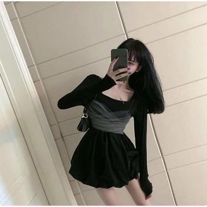 Long Sleeve Square Collar A-line Mini Dresses+Bow Mesk Bandage Sling Vest SP15641 - Egirldoll