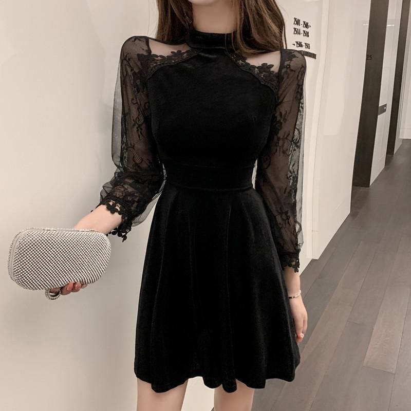 Long Sleeves Lace Velvet Dress EG378 - Egirldoll