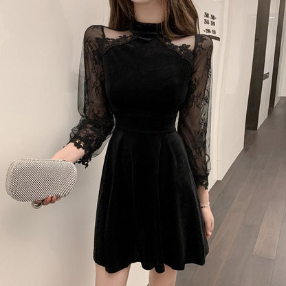 Long Sleeves Lace Velvet Dress EG378 - Egirldoll