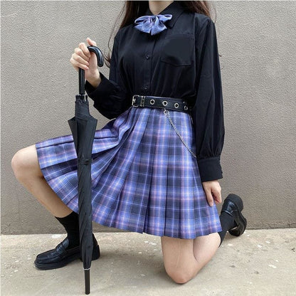 Long/Short Sleeve High Waist Plaid Pleated Skirts JK School Uniform SS0810 - Egirldoll