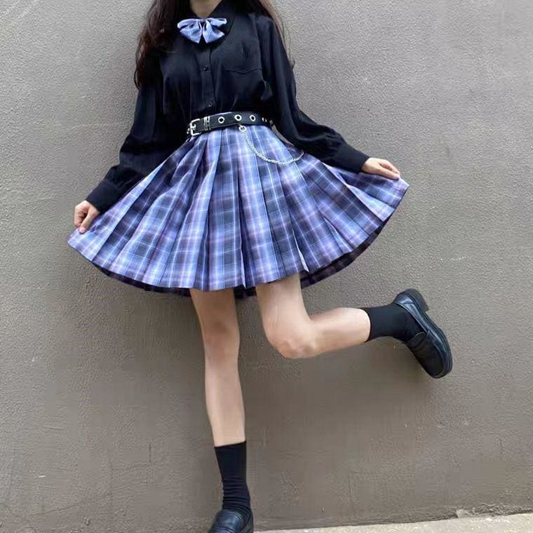 Long/Short Sleeve High Waist Plaid Pleated Skirts JK School Uniform SS0810 - Egirldoll