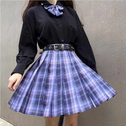 Long/Short Sleeve High Waist Plaid Pleated Skirts JK School Uniform SS0810 - Egirldoll