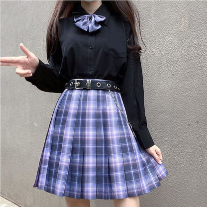 Long/Short Sleeve High Waist Plaid Pleated Skirts JK School Uniform SS0810 - Egirldoll