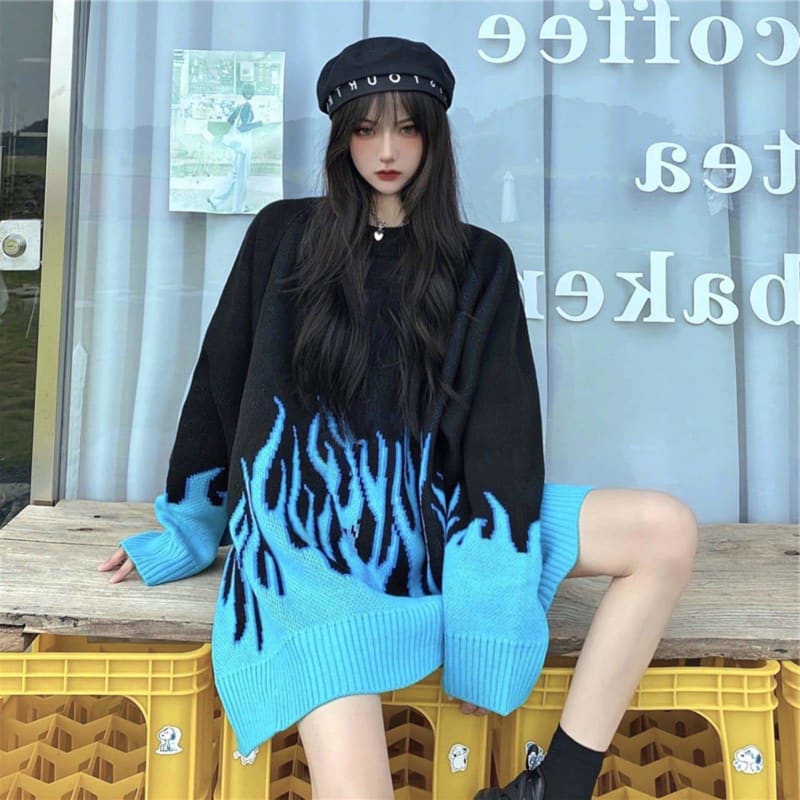Loose Size Flame Color Matching O Neck Knitted Sweater Pullover SP357 - Egirldoll