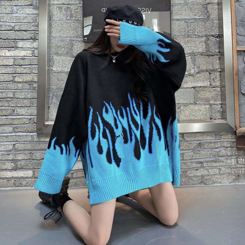 Loose Size Flame Color Matching O Neck Knitted Sweater Pullover SP357 - Egirldoll