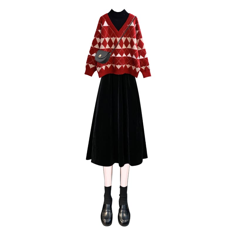 Lory Fake Two Pieces Winter Plaid Sweater and Skirt Set ON296 - Egirldoll