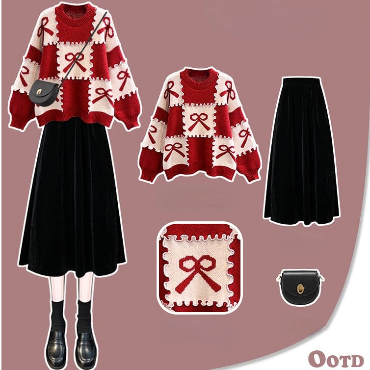 Lory Fake Two Pieces Winter Plaid Sweater and Skirt Set ON296 - Egirldoll