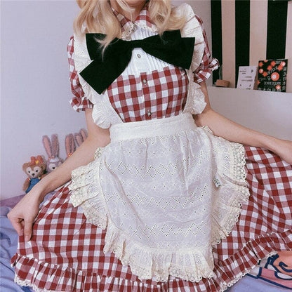 Lovely Sweet Maid Outfit Red White Grid Dress BE335 - Egirldoll