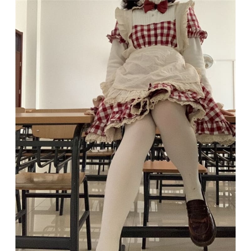 Lovely Sweet Maid Outfit Red White Grid Dress BE335 - Egirldoll