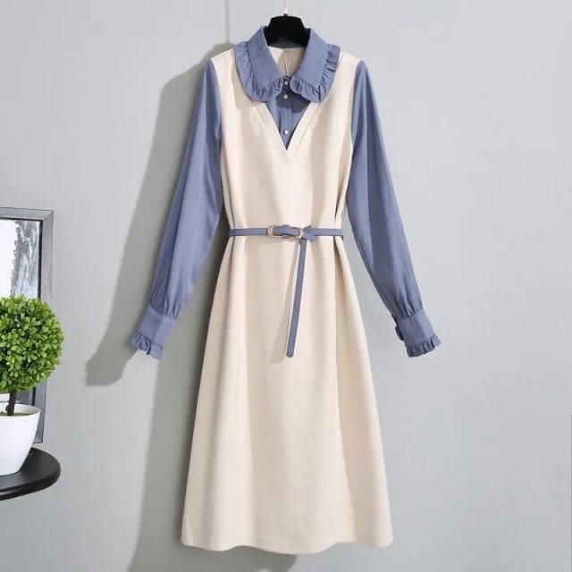 M-4XL Plus Size Fake Two-Piece Ruffled Mid-length Dress BE368 - Egirldoll
