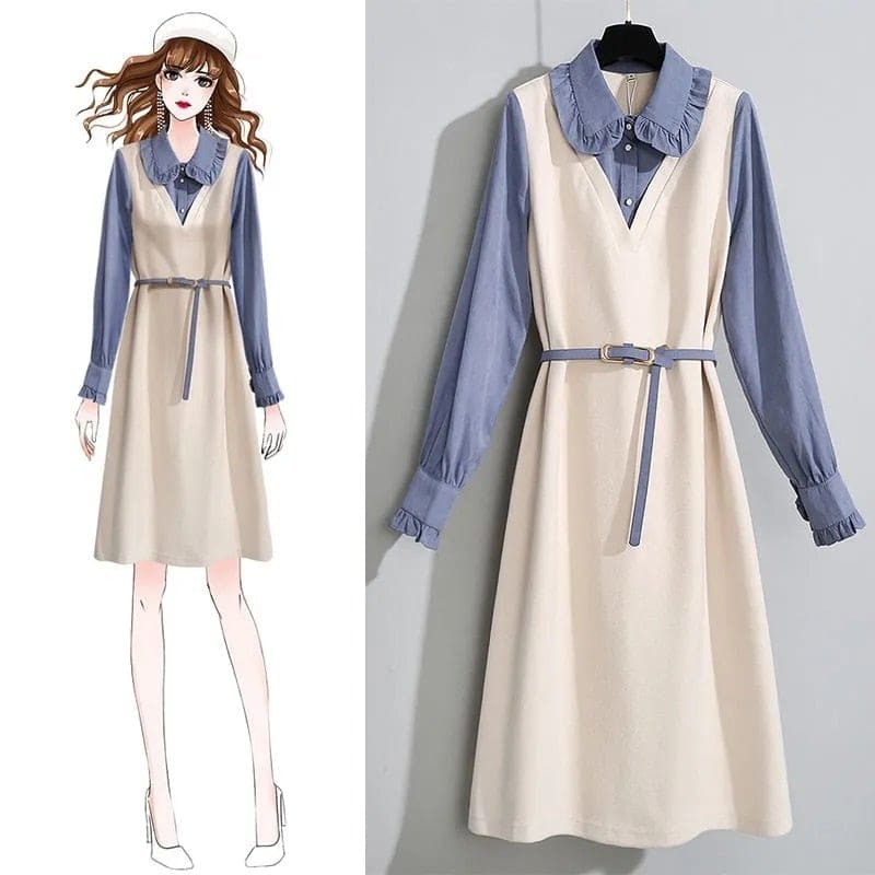 M-4XL Plus Size Fake Two-Piece Ruffled Mid-length Dress BE368 - Egirldoll