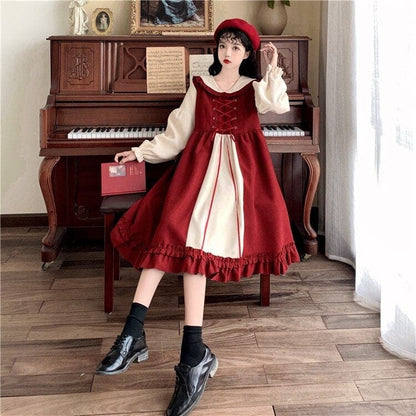 M-4XL Plus Size Lolita Red Long Sleeve Sweet Puffy Dress EG17056 - Egirldoll