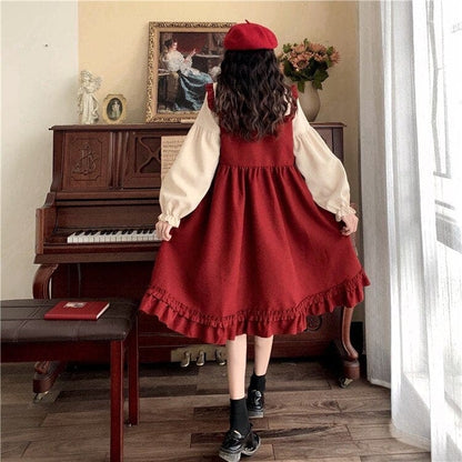 M-4XL Plus Size Lolita Red Long Sleeve Sweet Puffy Dress EG17056 - Egirldoll