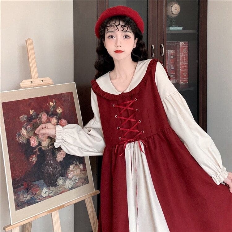 M-4XL Plus Size Lolita Red Long Sleeve Sweet Puffy Dress EG17056 - Egirldoll