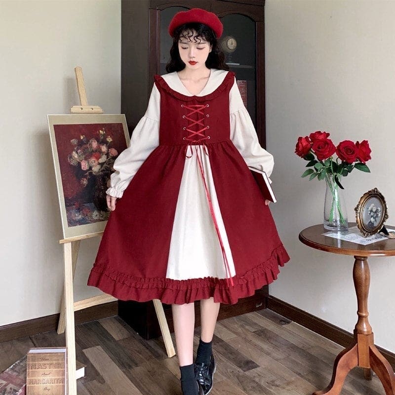 M-4XL Plus Size Lolita Red Long Sleeve Sweet Puffy Dress EG17056 - Egirldoll