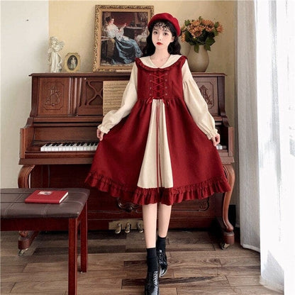 M-4XL Plus Size Lolita Red Long Sleeve Sweet Puffy Dress EG17056 - Egirldoll