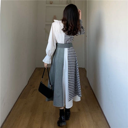 M-4XL Plus Size Plaid Long Sleeve Ruffles Irregular Dress BE371 - Egirldoll