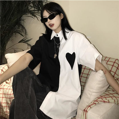 Monochrome Love Heart White Black Long Shirt EE0867 - Egirldoll