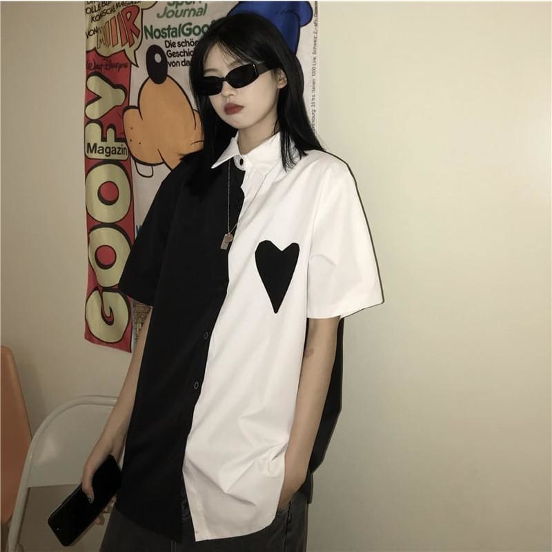 Monochrome Love Heart White Black Long Shirt EE0867 - Egirldoll