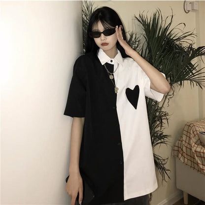 Monochrome Love Heart White Black Long Shirt EE0867 - Egirldoll