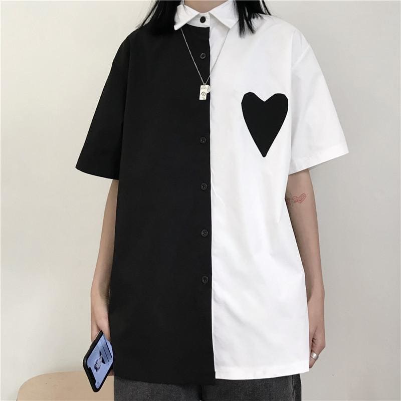 Monochrome Love Heart White Black Long Shirt EE0867 - Egirldoll