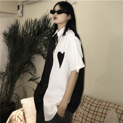 Monochrome Love Heart White Black Long Shirt EE0867 - Egirldoll