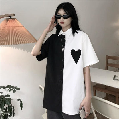 Monochrome Love Heart White Black Long Shirt EE0867 - Egirldoll