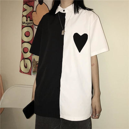 Monochrome Love Heart White Black Long Shirt EE0867 - Egirldoll