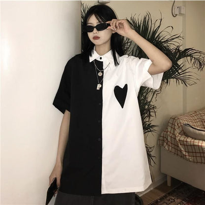 Monochrome Love Heart White Black Long Shirt EE0867 - Egirldoll