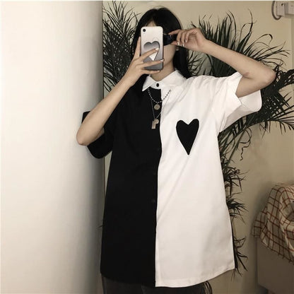 Monochrome Love Heart White Black Long Shirt EE0867 - Egirldoll