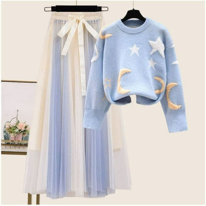 Moon and Stars Kawaii Pastel Sweater Tulle Skirt Two Pieces Set ON233 - Egirldoll