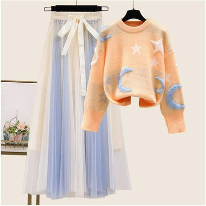 Moon and Stars Kawaii Pastel Sweater Tulle Skirt Two Pieces Set ON233 - Egirldoll