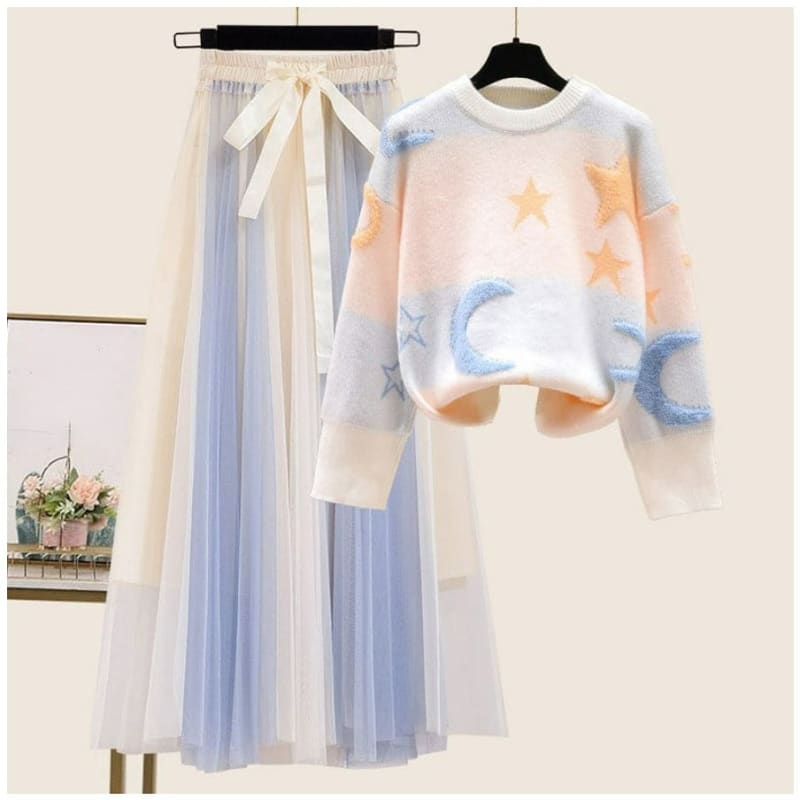 Moon and Stars Kawaii Pastel Sweater Tulle Skirt Two Pieces Set ON233 - Egirldoll
