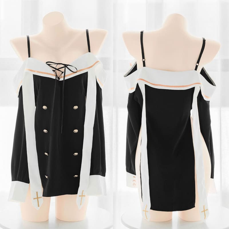 Nun Style Sailor Suspenders Cross Long Sleeves Lingerie Dress EE0957 - Egirldoll