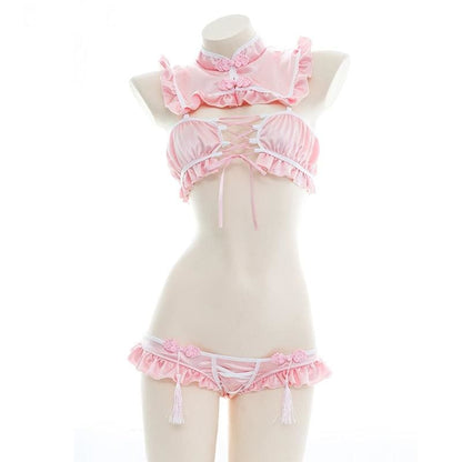 Open Chest Strap Ruffle Retro Sweet Split Chinese Cheongsam Maid Lingerie Set EG15586 - Egirldoll