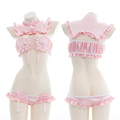 Open Chest Strap Ruffle Retro Sweet Split Chinese Cheongsam Maid Lingerie Set EG15586 - Egirldoll