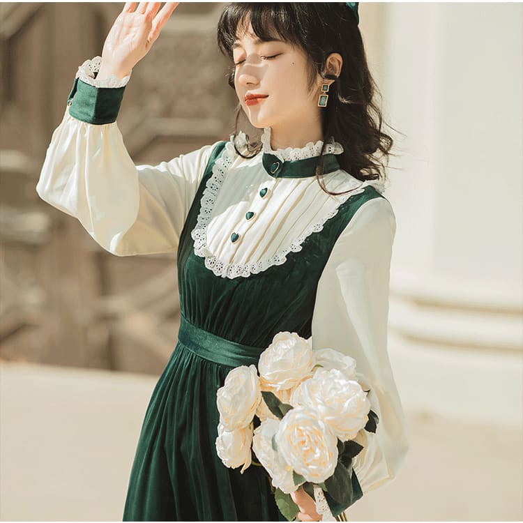 Palace Style Elegant Retro Cute Ruffled Stand-up Collar Green Dress BE439 - Egirldoll