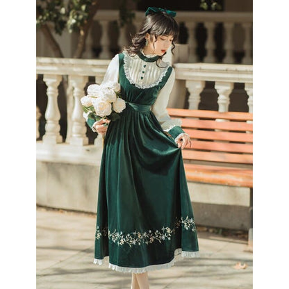 Palace Style Elegant Retro Cute Ruffled Stand-up Collar Green Dress BE439 - Egirldoll