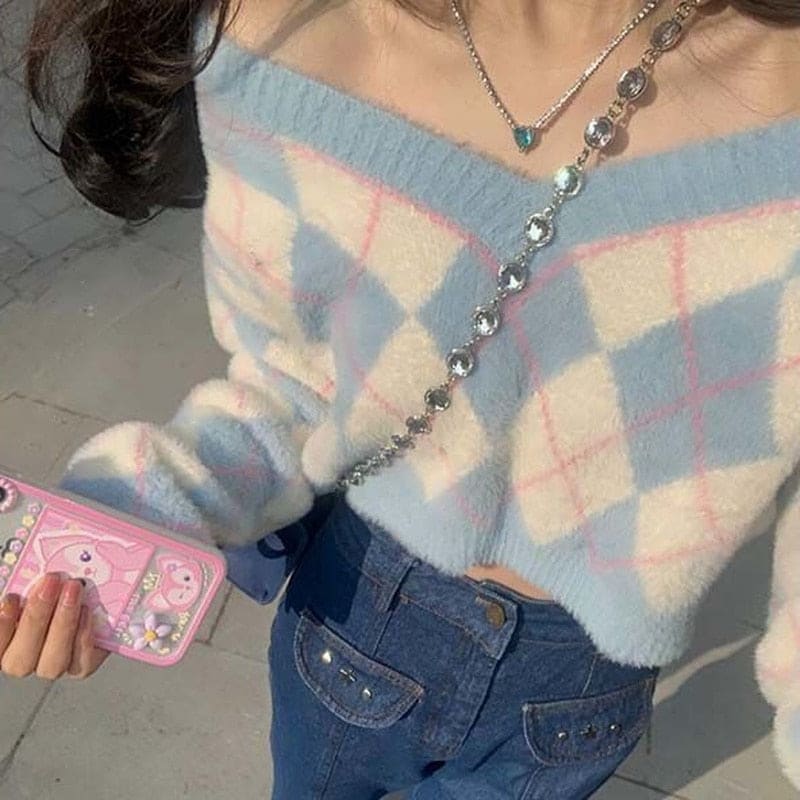 Pastel Blue Y2K Hot Pink Sweater ME08 - Egirldoll