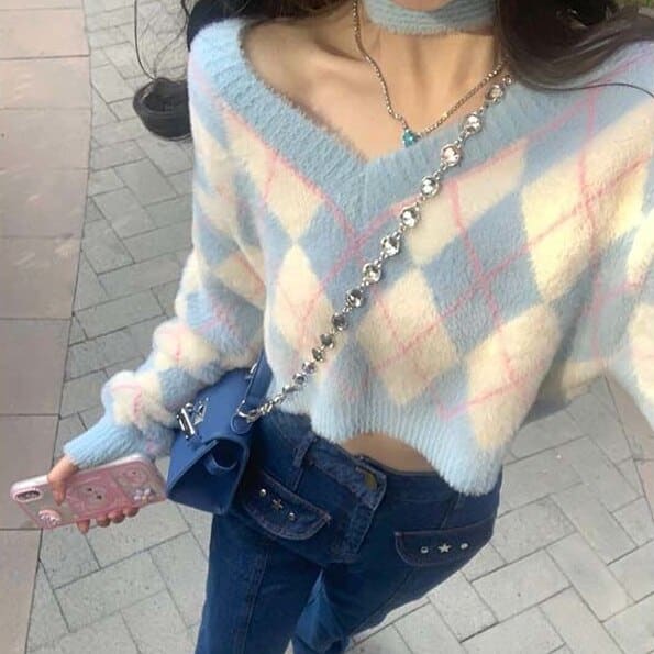 Pastel Blue Y2K Hot Pink Sweater ME08 - Egirldoll
