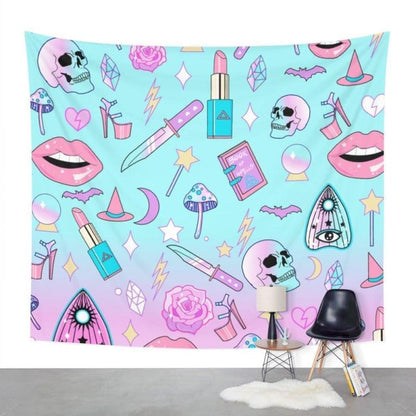 Pastel Goth Dark Kawaii Witch Skull Graphics Wall Tapestry - Egirldoll