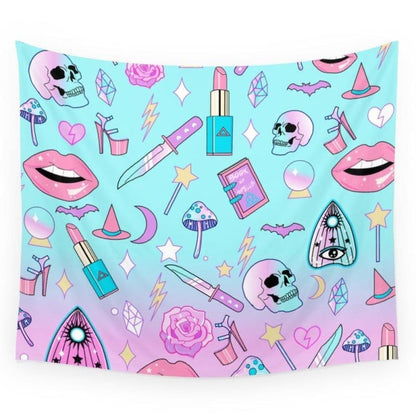 Pastel Goth Dark Kawaii Witch Skull Graphics Wall Tapestry - Egirldoll