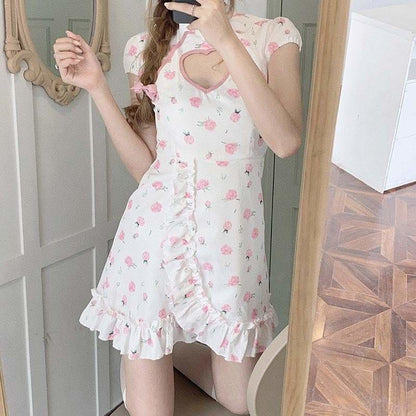 Pastel Roses and Fruit Summer Pink White Qipao Hollow Heart Dress SS1682 - Egirldoll