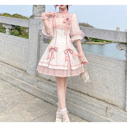 Peach Pink Qi Lolita Kawaii Embroidered Flowers Dress ON473