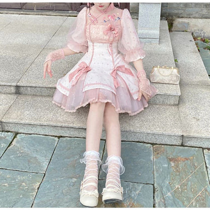 Peach Pink Qi Lolita Kawaii Embroidered Flowers Dress ON473