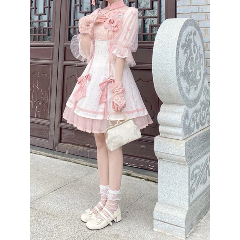 Peach Pink Qi Lolita Kawaii Embroidered Flowers Dress ON473